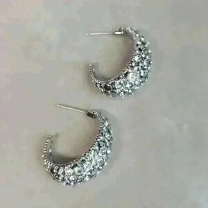 Slivertone rehnistones half moon earrings